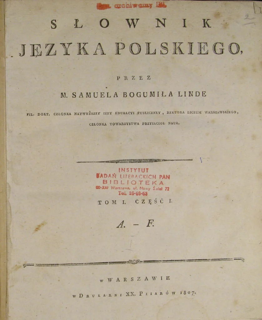 Strona tytułowa Słownika języka polskiego S.B. Lindego